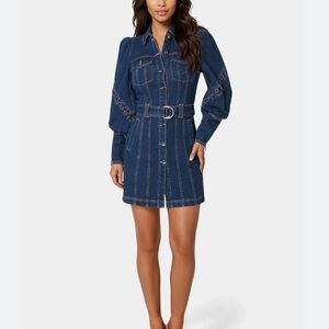 bebe Blue Button Front Long Sleeve Denim Mini Dress